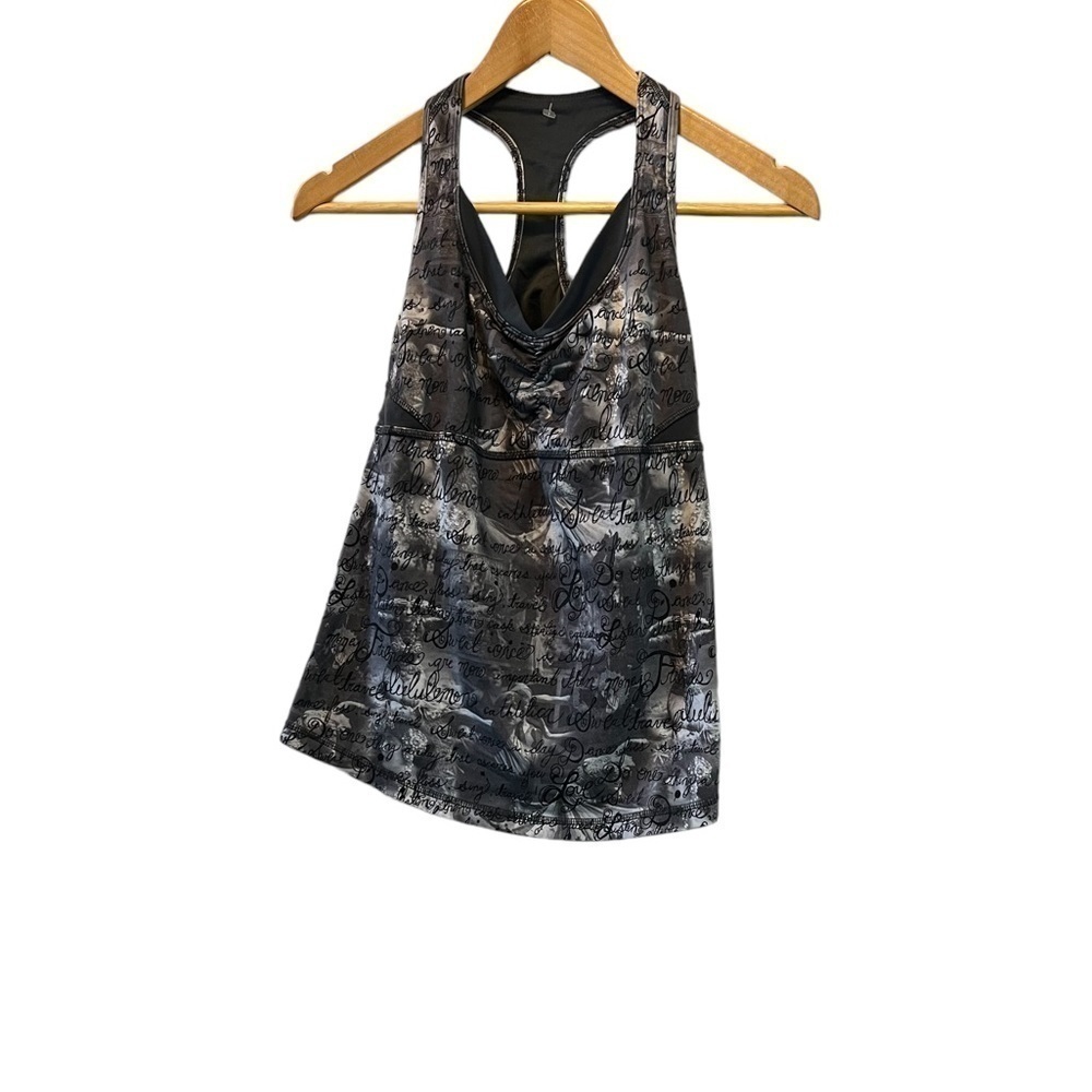 LULULEMON Grey & White Printed Racer Back Built in Bra Athletic Workout Top S